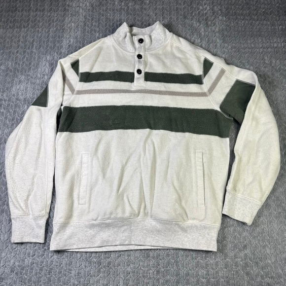Chaps Other - Chaps Fleece Pullover Mens Large Striped Quarter Button Mock Neck Cream Sweater